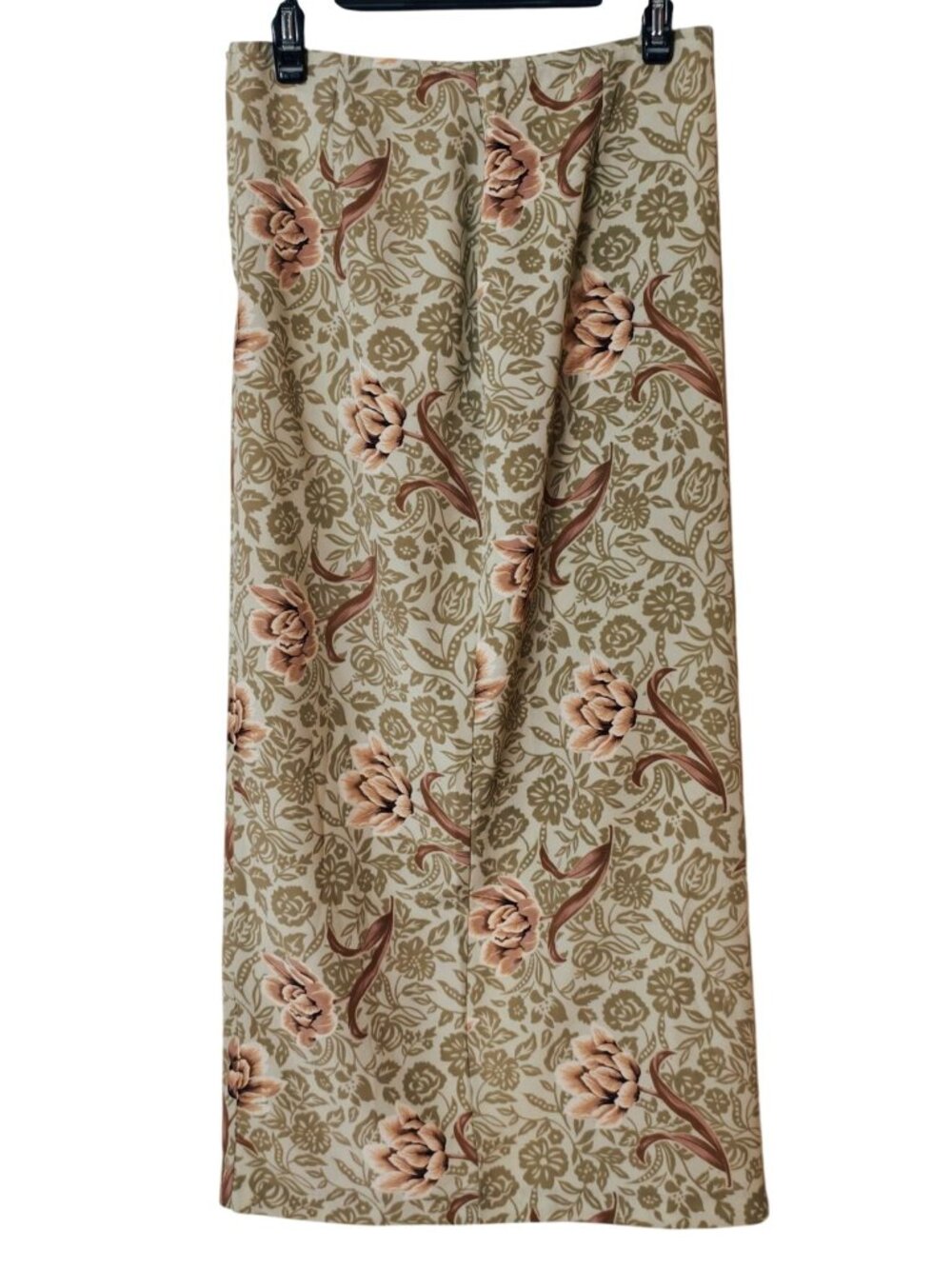 Vtg Ecru Womens M Midi Skirt Beige Floral Boho Zip Slit Cottagecore Office 7/8